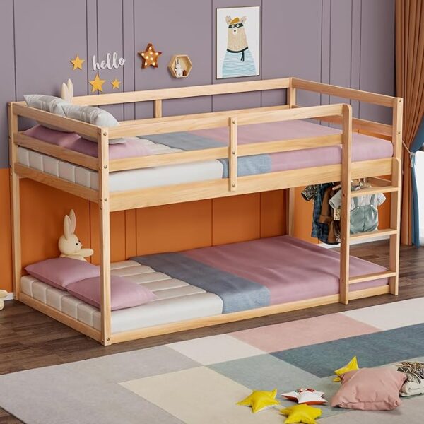 Low Bunk Bed Twin Over Twin, Floor Bunk Bed with Ladder, Twin Bunk Bed with Full Guardrails, Wooden Bunk Bed for Juniors, Boys, Girls, Kids, Bedrooms (Natural) - Image 5