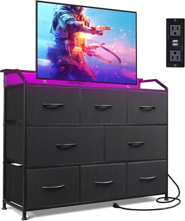 WLIVE Led Dresser for Bedroom, Black Dresser TV Stand for Bedroom with LED Lights and Power Outlet, Wide Chest of Drawers for Hallway, 8 Fabric Drawers for Living Room and Entryway, Easy to Assemble