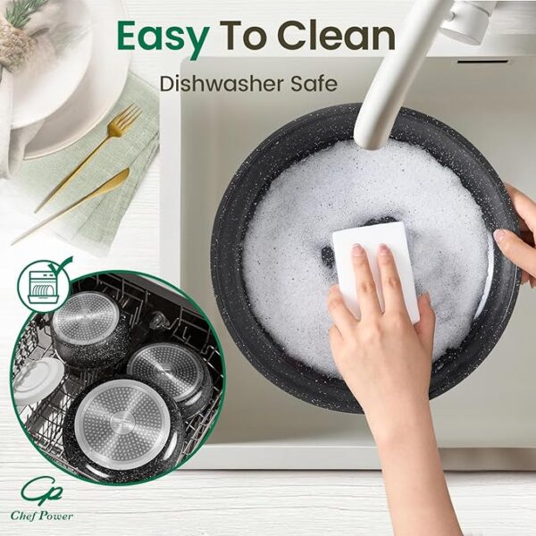 Ceramic Nonstick Cookware Set 19 Piece with Detachable Handle, Induction Dishwasher Oven Safe Pans and Pots Set, RV Kitchen Set Removable Handle, Rock Stone Black - Image 3