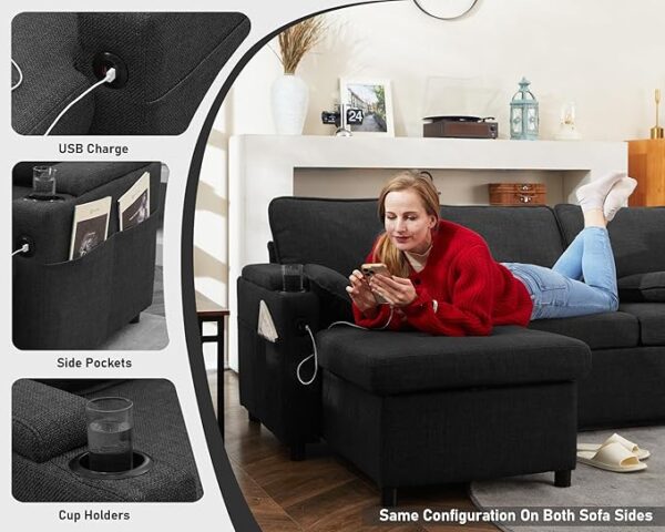 DURASPACE Sofa Bed Sleeper Pull Out 2 in 1 Sectional Sleeper Sofa Couches with Storage,USB, Cup Holder,Pullout Sectional Couches for Apartment Living Room (Dark Gray) - Image 4