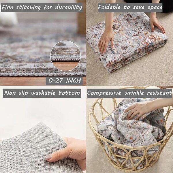 5x7 Washable Area Rug Gray Vintage Traditional Floor Cover Foldable Thin Kitchen Accent Indoor Distressed Non Slip Carpet Floral Print Mat Bedroom Living Room Bathroom - Image 3