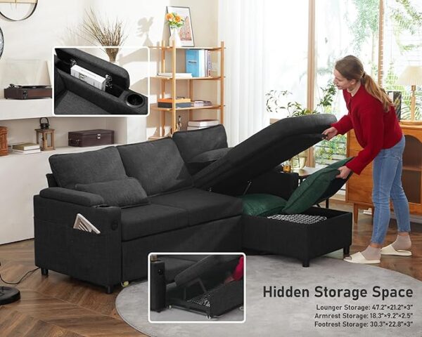 DURASPACE Sofa Bed Sleeper Pull Out 2 in 1 Sectional Sleeper Sofa Couches with Storage,USB, Cup Holder,Pullout Sectional Couches for Apartment Living Room (Dark Gray) - Image 5