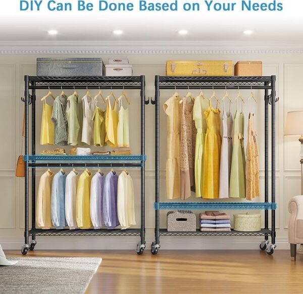 VIPEK R2 Plus Heavy Duty Rolling Garment Rack 3 Tiers Adjustable Wire Shelving Clothes Rack with Double Rods and Side Hooks, Freestanding Wardrobe Storage Rack Metal Clothing Rack, Black - Image 5