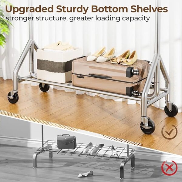 Heavy Duty Clothes Rack Load 450 LBS, Metal Garment Rack, Standing Rolling Clothing Rack for Hanging Clothes with Sturdy Wheels & Shelves, Portable Closet Wardrobe Rack,Sliver - Image 4