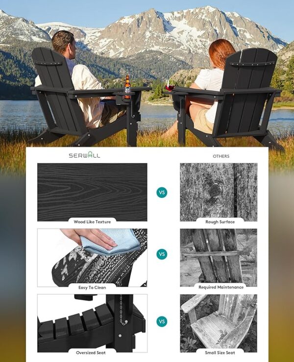 SERWALL HDPE Folding Adirondack Chair with Dual Cup Holder - Composite Adirondack Chair Set of 2- Black - Image 4