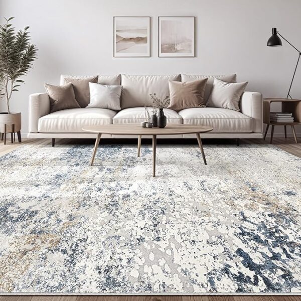 Area Rug Living Room Rugs - 9x12 Abstract Large Soft Indoor Washable Rug Neutral Modern Low Pile Carpet for Bedroom Dining Room Farmhouse Home Office - Beige Blue - Image 6