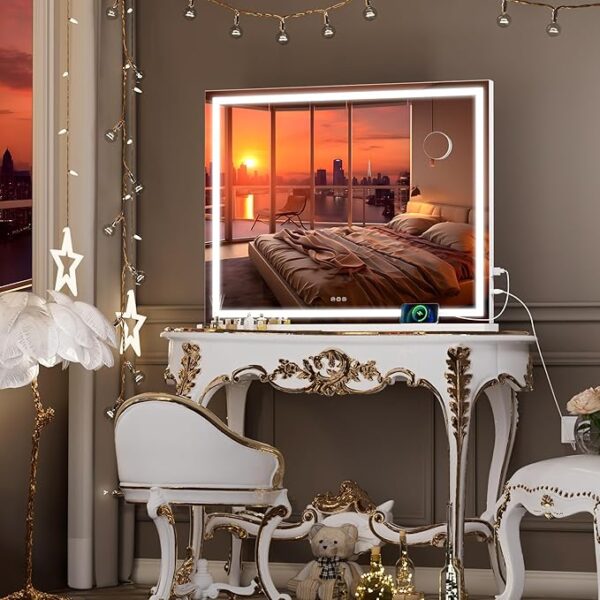Hasipu Vanity Mirror with Lights, 40" x 30" LED Makeup Mirror, Lighted Makeup Mirror with Dimmable 3 Modes, Touch Screen Control Vanity Mirror Square White - Image 5
