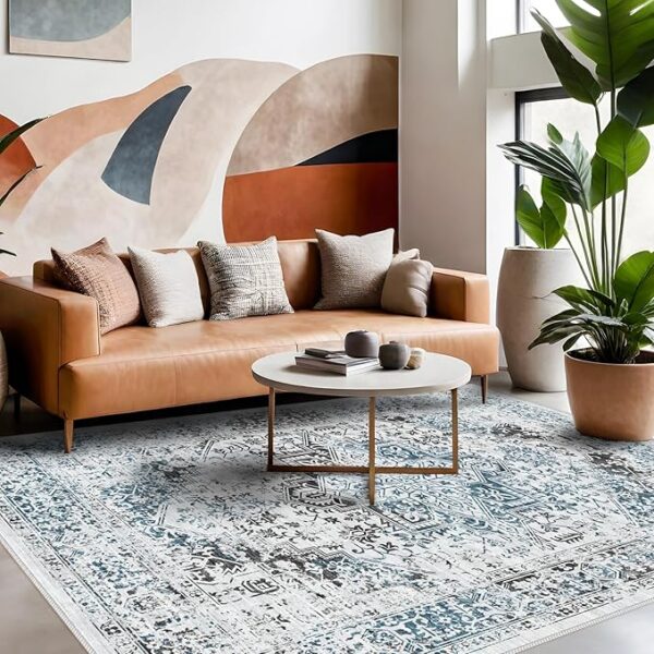 Living Room 8x10 Area Rug - Washable Rug with Non-Slip Low-Pile Vintage Medallion Rugs with Stain Resistant Foldable Accent Distressed Rug Indoor Traditional Ultra-Thin Rug - Image 2