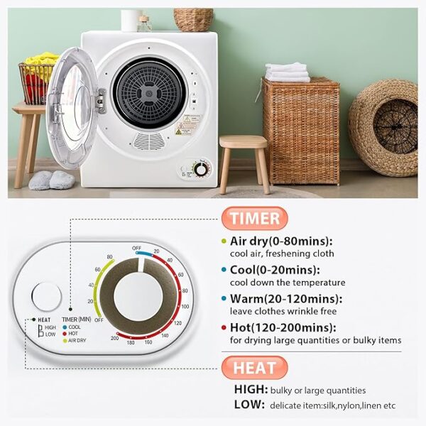 Euhomy 110V Portable Clothes Dryer 850W Compact Laundry Dryers 1.5 cu.ft Front Load Stainless Steel Electric Dryers Machine with Stainless Steel Tub for Apartment,RVs,Dorms,White Easy Control - Image 5