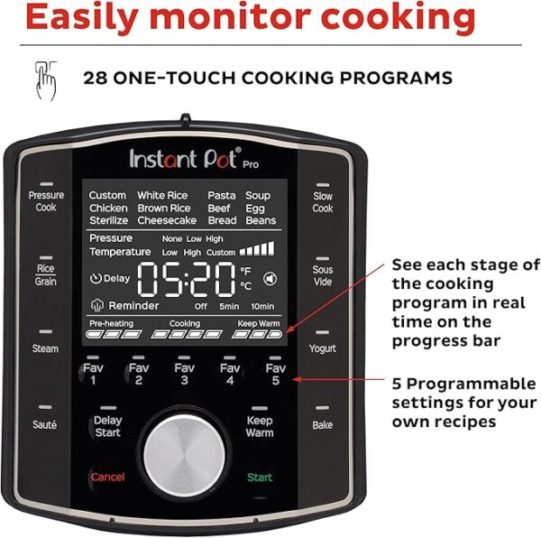 Instant Pot Pro (8 QT) 10-in-1 Pressure Cooker, Slow Cooker, Rice/Grain Cooker, Steamer, Sauté, Sous Vide, Yogurt Maker, Sterilizer, and Warmer, Includes App With Over 800 Recipes, Black - Image 3