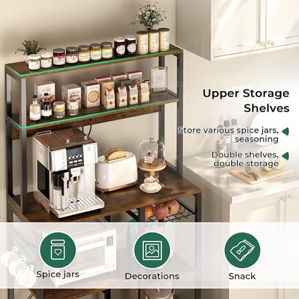 SUPERJARE Bakers Rack with Power Outlet, 35.4 Inches Coffee Bar with Wire Basket, Kitchen Microwave Stand with 6 S-Shaped Hooks, Open Storage Shelves, Rustic Brown - Image 5