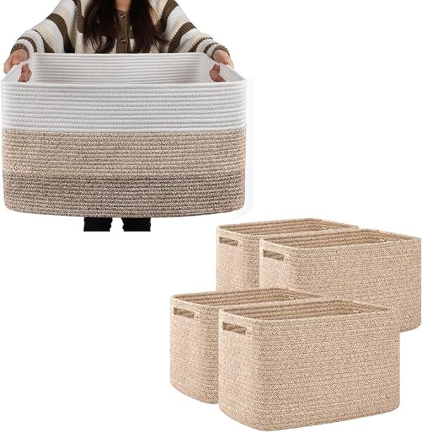 OIAHOMY Large Blanket Basket, Rectangle Woven Baskets for Storage, Nursery Blanket Basket Living Room-22”x17”x12”-Gradient Brown-OIAHOMY 4 Pack Storage Baskets for Organizing, Storage Bins for Shelves