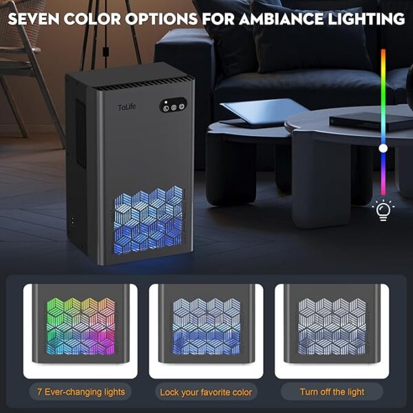 ToLife Dehumidifier, 95 OZ Water Tank, 1000 sq.ft Dehumidifiers for Home Bedroom Basement Bathroom with Auto Shut Off, 7 Colors LED Light,Grey - Image 6