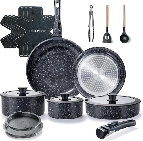 Ceramic Nonstick Cookware Set 19 Piece with Detachable Handle, Induction Dishwasher Oven Safe Pans and Pots Set, RV Kitchen Set Removable Handle, Rock Stone Black