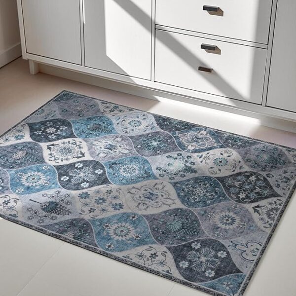 Moroccan Accent Area Rug, 2x3 Entry Rug Non-Slip Washable Indoor Door Mat, Small Blue Oriental Accent Throw Rug for Bedroom Kitchen Entryway Bathroom Laundry Room - Image 2