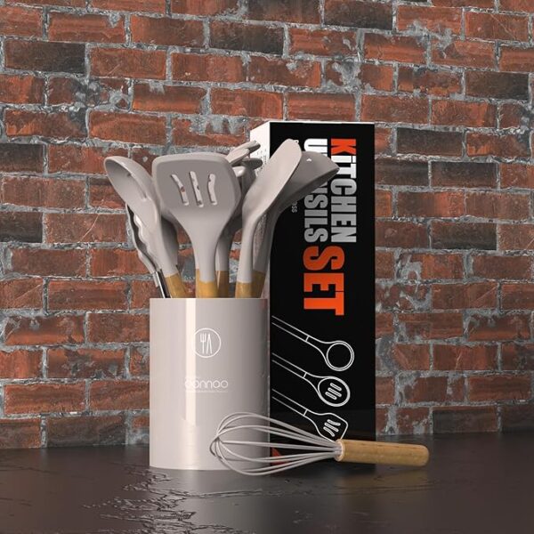 Silicone Cooking Utensils Set - 446°F Heat Resistant Silicone Kitchen Utensils for Cooking,Kitchen Utensil Spatula Set w Wooden Handles and Holder, BPA FREE Gadgets for Non-Stick Cookware (Khaki) - Image 5