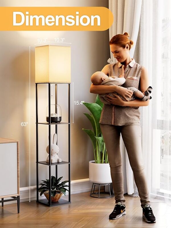 Floor Lamp with Shelves for Living Room, Shelf Floor Lamp with 3 CCT LED Bulb, Corner Display Standing Column Lamp Etagere Organizer Tower Nightstand with White Linen Shade for Bedroom, Office - Image 4