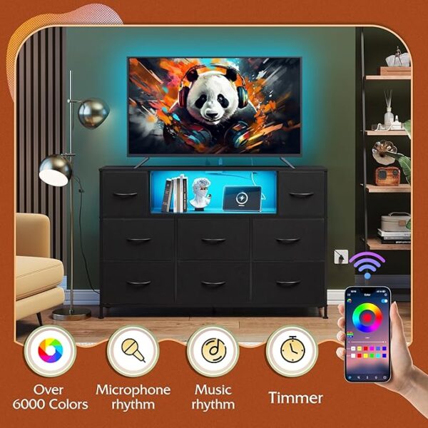 WLIVE Black Dresser for Bedroom, TV Stand for Bedroom for 55 inch TV with Charging Station and LED Lights, Fabric Chest of Drawers with Open Shelves, 8 Drawers Dressers for Living Room, Closet - Image 3