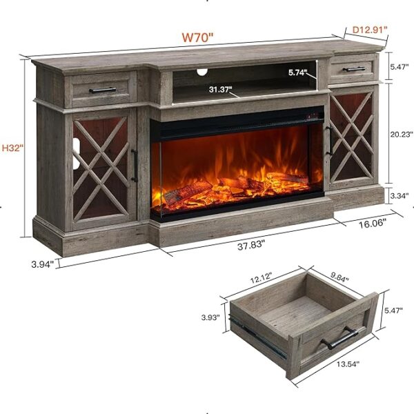 OKD 3-Sided Glass Farmhouse Fireplace TV Stand for TVs up to 80'', Highboy Entertainment Center with Glass Door Storage Cabinet, 70'' Large TV Stands with 36'' Electric Fireplace, Light Rustic Oak - Image 3