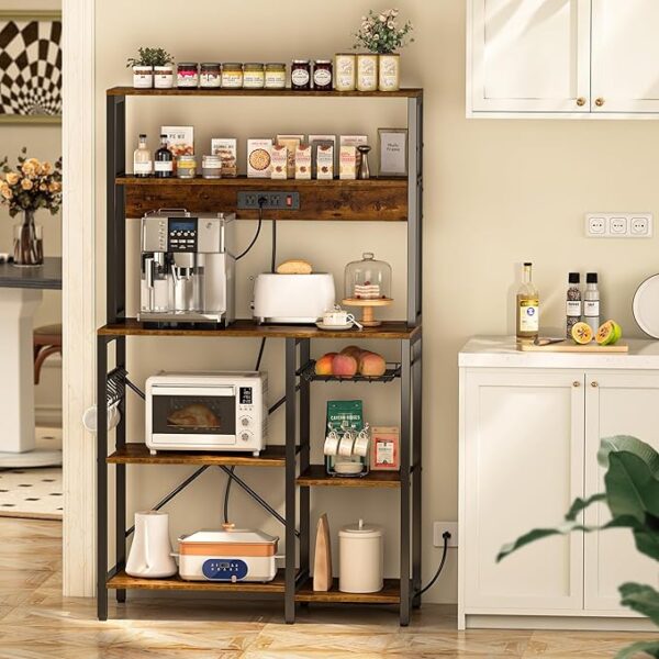 SUPERJARE Bakers Rack with Power Outlet, 35.4 Inches Coffee Bar with Wire Basket, Kitchen Microwave Stand with 6 S-Shaped Hooks, Open Storage Shelves, Rustic Brown - Image 4