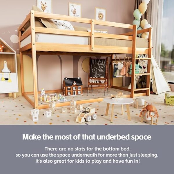 Low Bunk Bed Twin Over Twin, Floor Bunk Bed with Ladder, Twin Bunk Bed with Full Guardrails, Wooden Bunk Bed for Juniors, Boys, Girls, Kids, Bedrooms (Natural) - Image 3