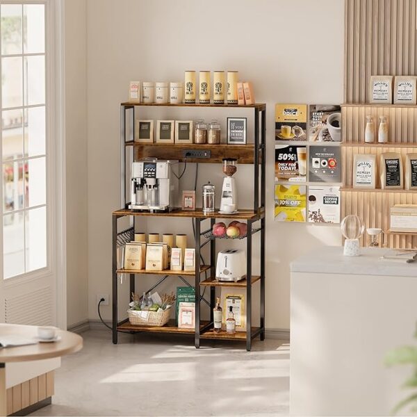 SUPERJARE Bakers Rack with Power Outlet, 35.4 Inches Coffee Bar with Wire Basket, Kitchen Microwave Stand with 6 S-Shaped Hooks, Open Storage Shelves, Rustic Brown - Image 3