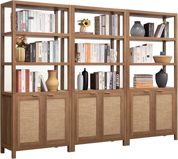 SICOTAS Bookshelf 5 Tier Book Shelf Rattan Boho Tall Bookcase with Doors Storage Wood Shelves Large Bookshelves Farmhouse Bookcases Book Case for Living Room Bedroom Home Office Kitchen (Oak 3PCS)