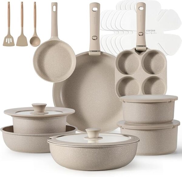 CAROTE 23pcs Detachable Handle Pots and Pans Set, Nonstick Cookware Set, Removable Handle Pots and Pans Non Stick, RV Oven Safe Cookware, Induction Kitchen Set, Taupe, Dishwasher Safe