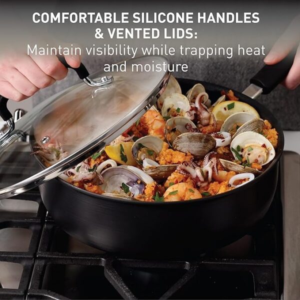 T-fal Ultimate Hard Anodized Nonstick Cookware Set 17 Piece, Oven Broiler Safe 400F, Lid Safe 350F, Kitchen Cooking Set w/ Fry Pans, Saucepans, Saute Pan, Griddle, Pots and Pans, Dishwasher Safe Black - Image 4