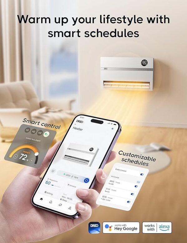 Dreo Smart Wall Heater, Electric Space Heater for Bedroom 1500W, 120° Vertical Oscillation, Adjustable Thermostat, Remote Control, 24H Timer, Easy-Mount Heater for Indoor Use, Works with Alexa, WH719S - Image 3