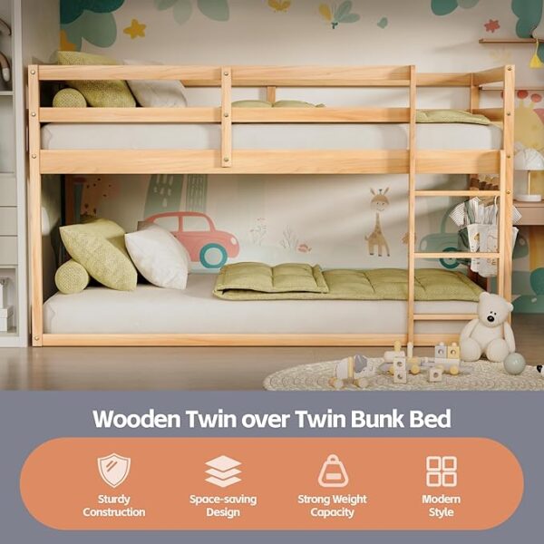Low Bunk Bed Twin Over Twin, Floor Bunk Bed with Ladder, Twin Bunk Bed with Full Guardrails, Wooden Bunk Bed for Juniors, Boys, Girls, Kids, Bedrooms (Natural) - Image 2