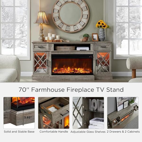 OKD 3-Sided Glass Farmhouse Fireplace TV Stand for TVs up to 80'', Highboy Entertainment Center with Glass Door Storage Cabinet, 70'' Large TV Stands with 36'' Electric Fireplace, Light Rustic Oak - Image 4