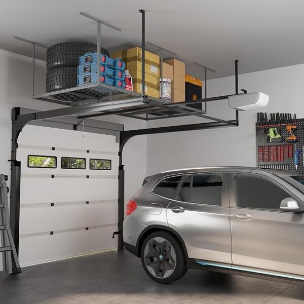 FLEXIMOUNTS 4x8 Overhead Garage Storage Rack, Adjustable Garage Storage Organization Systerm, Heavy Duty Metal Garage Ceiling Storage Racks, 600lbs Weight Capacity, Hammertone - Image 2