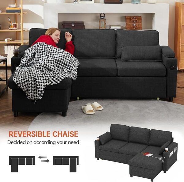 DURASPACE Sofa Bed, Sleeper Sofa Couch with Pullout Bed for Living Room, L Shaped Couch with Storage Chaise, USB, Cup Holder (Dark Gray) - Image 3