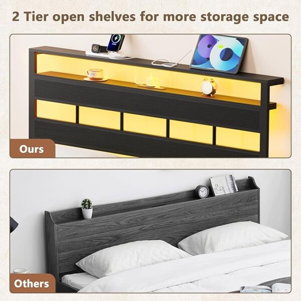 Furnulem Full Size Bed Frame with LED Light and Charging Station, Wood Storage Headboard with 2-Tier Shelves, Metal Platform Bed with Heavy Duty Slats Support, No Box Spring Needed, Black Oak - Image 5