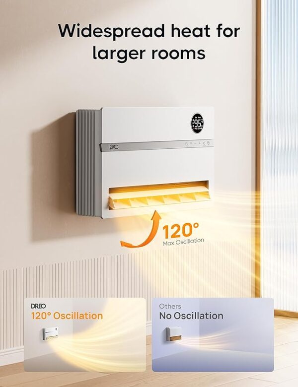 Dreo Smart Wall Heater, Electric Space Heater for Bedroom 1500W, 120° Vertical Oscillation, Adjustable Thermostat, Remote Control, 24H Timer, Easy-Mount Heater for Indoor Use, Works with Alexa, WH719S - Image 2