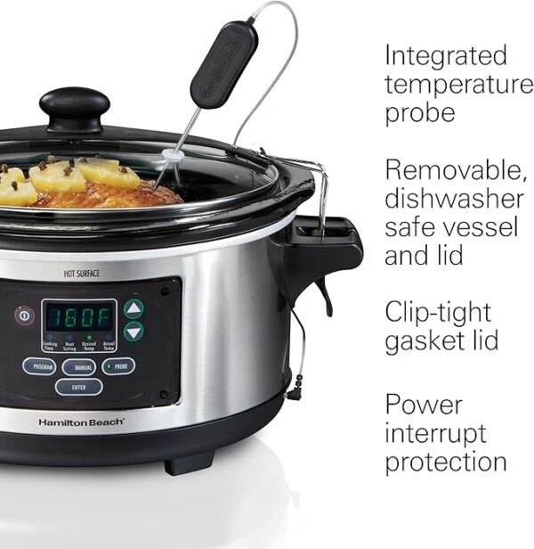 Hamilton Beach Portable 6 Quart Digital Programmable Slow Cooker Lock, Dishwasher Safe Crock & Lid, Set & Forget, Stainless Steel - Image 5