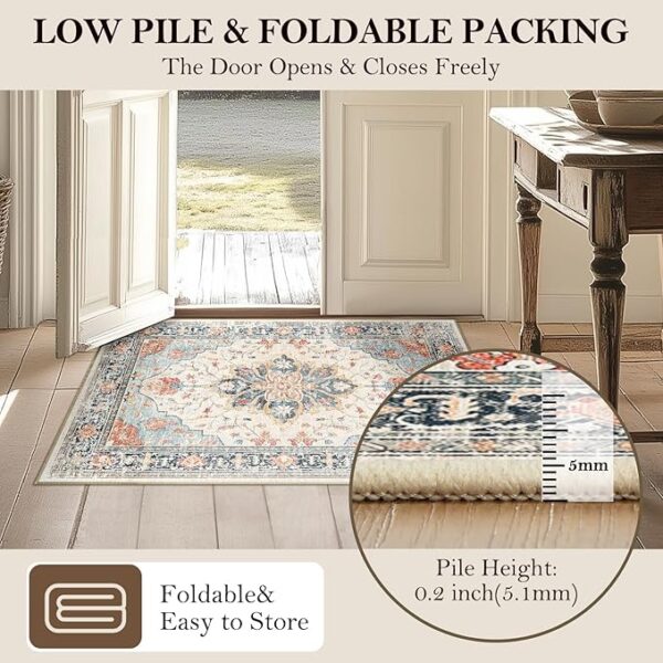 Area Rugs 9'x12' Washable Non-Slip, Floral Vintage Distress Print Pattern Medallion Carpet for Living Room Bedroom Dining Room, Beige Navy Blue Orange Colorful - Image 5