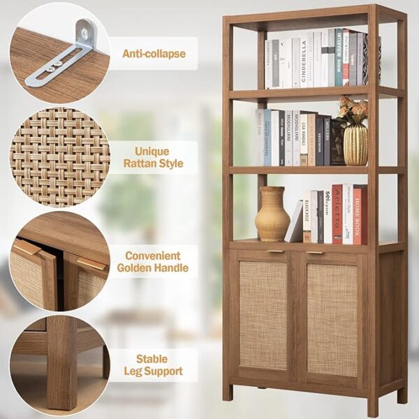 SICOTAS Bookshelf 5 Tier Book Shelf Rattan Boho Tall Bookcase with Doors Storage Wood Shelves Large Bookshelves Farmhouse Bookcases Book Case for Living Room Bedroom Home Office Kitchen (Oak 3PCS) - Image 5