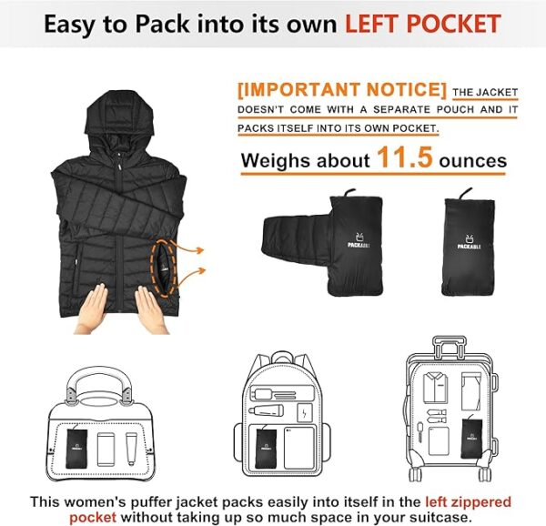 Outdoor Ventures Women's Packable Lightweight Full-Zip Puffer Jacket with Hood Quilted Winter Coat - Image 6