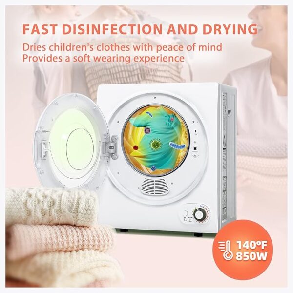 Euhomy 110V Portable Clothes Dryer 850W Compact Laundry Dryers 1.5 cu.ft Front Load Stainless Steel Electric Dryers Machine with Stainless Steel Tub for Apartment,RVs,Dorms,White Easy Control - Image 6