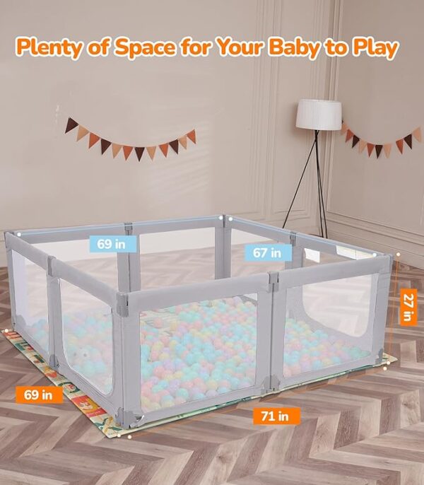 Dripex Foldable Baby Playpen, 71"×69" Play Pens for Babies and Toddlers, Safe Anti-Fall Play Yard with Gates, Baby Fence with Breathable Mesh, Indoor & Outdoor Kids Activity Center, Ash Grey - Image 6