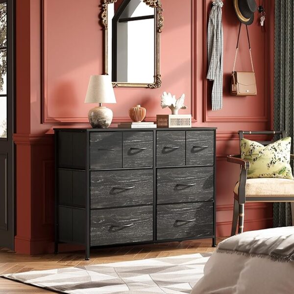 WLIVE Dresser for Bedroom with 8 Drawers, Wide Fabric Dresser for Storage and Organization, Bedroom Dresser, Chest of Drawers for Living Room, Closet, Hallway, Charcoal Black Wood Grain Print - Image 5