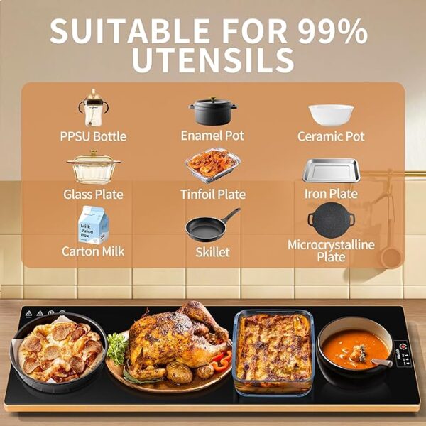 Extra Long 40”x12” - Electric Warming Tray，Home & Commercial Food Warmer with Thermostat and Full Surface Heating，Food Warming Mat for Parties Buffet，Gatherings，Gold Edge Handles Warming Mat for Food - Image 5