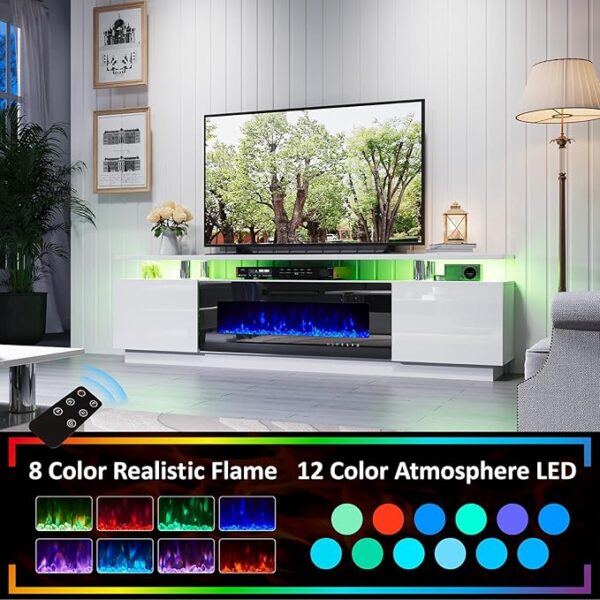 AMERLIFE Fireplace TV Stand with 40" Fireplace, 80" Modern High Gloss Fireplace Entertainment Center LED Lights, 2 Tier TV Console Cabinet for TVs Up to 90", Ivory White - Image 3