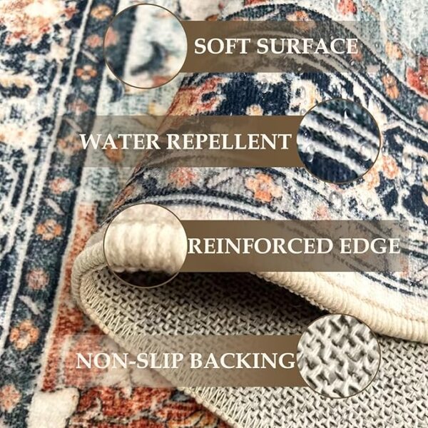 Area Rugs 9'x12' Washable Non-Slip, Floral Vintage Distress Print Pattern Medallion Carpet for Living Room Bedroom Dining Room, Beige Navy Blue Orange Colorful - Image 6