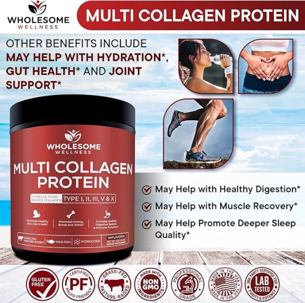 Multi Collagen Protein Powder Hydrolyzed (Type I II III V X) Grass-Fed All-in-One Super Bone Broth + Collagen Peptides - Premium Blend of Beef, Chicken, Wild Fish, Eggshell, 58 Servings, Unflavoured - Image 5