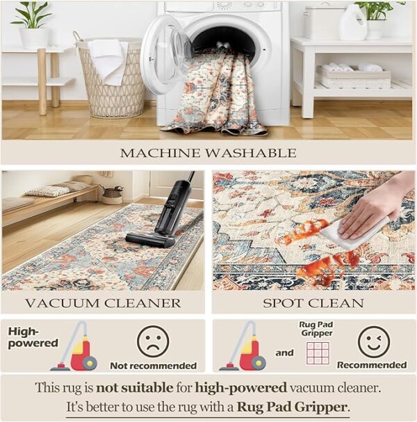 Area Rugs 9'x12' Washable Non-Slip, Floral Vintage Distress Print Pattern Medallion Carpet for Living Room Bedroom Dining Room, Beige Navy Blue Orange Colorful - Image 3