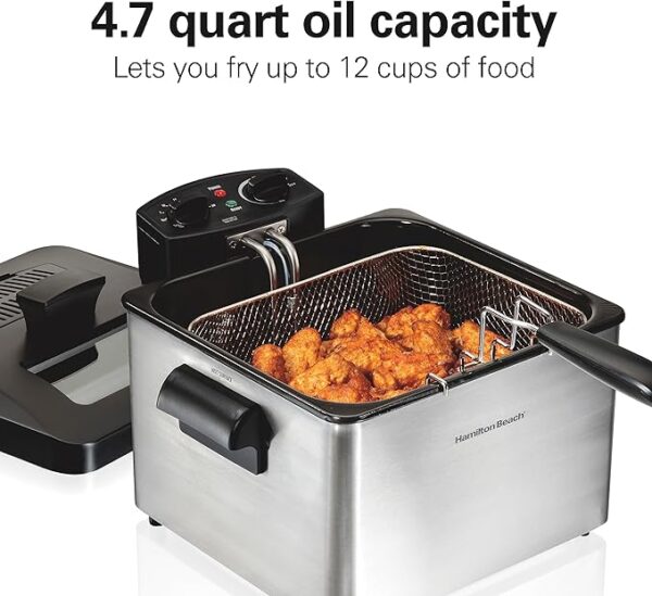 Hamilton Beach Electric Deep Fryer with Lid 4.5 Liters / 19 Cups Oil Capacity, Temperature Control, View Window, Professional Style, 1800 Watts, Three Frying Baskets, Stainless Steel - Image 3