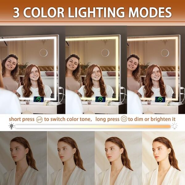Hasipu Vanity Mirror with Lights, 40" x 30" LED Makeup Mirror, Lighted Makeup Mirror with Dimmable 3 Modes, Touch Screen Control Vanity Mirror Square White - Image 6